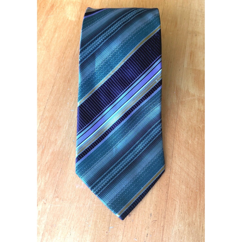 Aurelio Valentino Italy Mens Silk Necktie Purple Teal Grey Striped Formal Tie